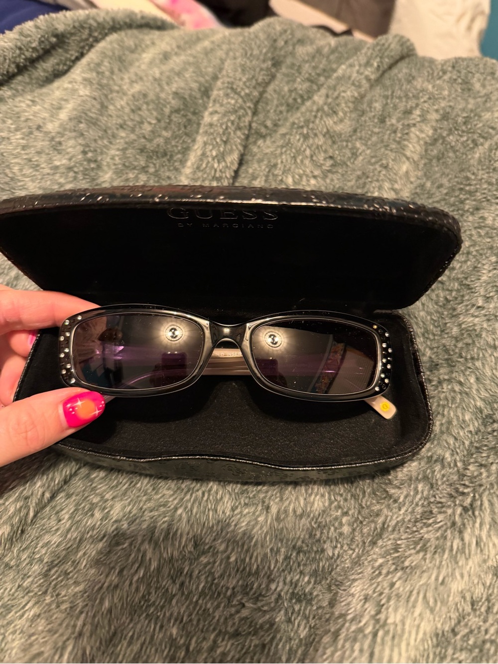 GUESS Black Rhinestone Accent Rectangle Sunglasses - Picture 4 of 5